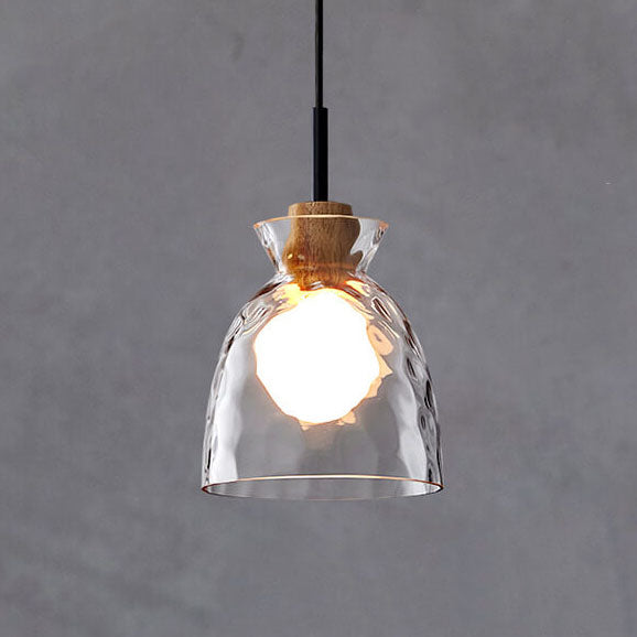 Rippled Glass Pendant Light - Solid Wood Accent - Nordic Style LED - Single Light Fixture - Image 3