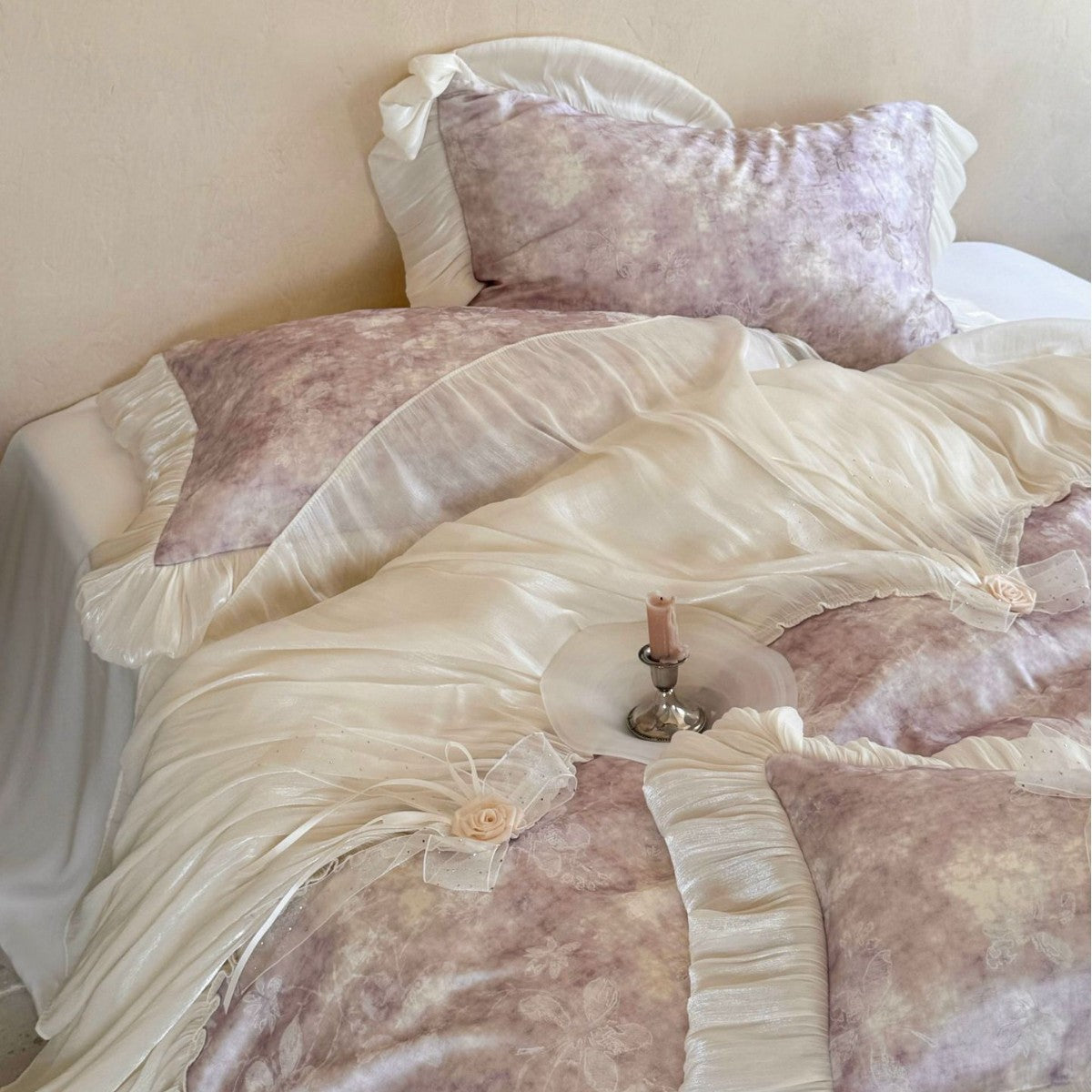 Romantic Velvet-Look Bedding Set with Ruffles and Frills