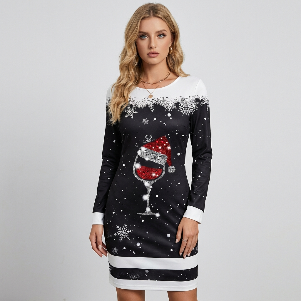 Round Neck Printed Christmas Dress