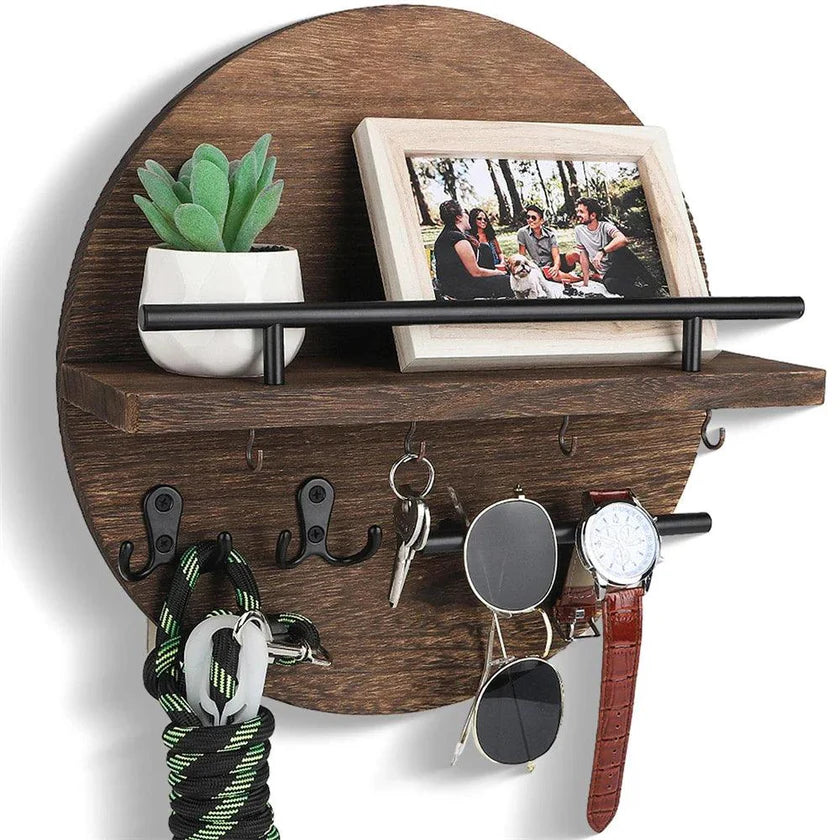 Round Wooden Shelf with Key Hooks - Entryway Organizer - Wall Mounted Shelf - Image 1