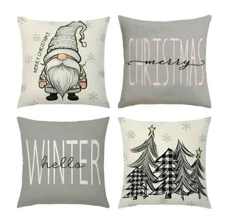Set of 4 Christmas Square Throw Pillow Covers with Hidden Zipper and Woven Microfibre Gnome Print