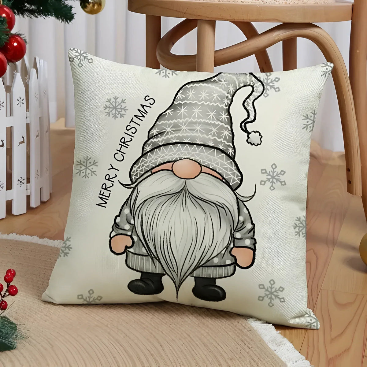 Set of 4 Christmas Square Throw Pillow Covers with Hidden Zipper and Woven Microfibre Gnome Print