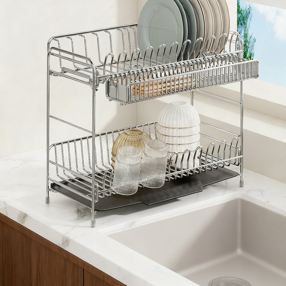 Stainless Steel Dish Rack with Draining Basket, 1–2 Tiers