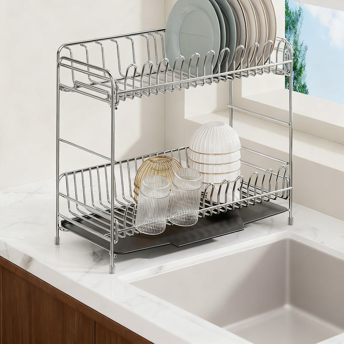 Stainless Steel Dish Rack with Draining Basket, 1–2 Tiers