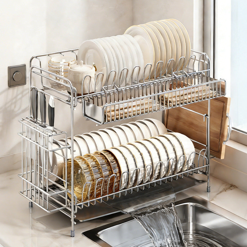 Stainless Steel Dish Rack with Draining Basket, 1–2 Tiers