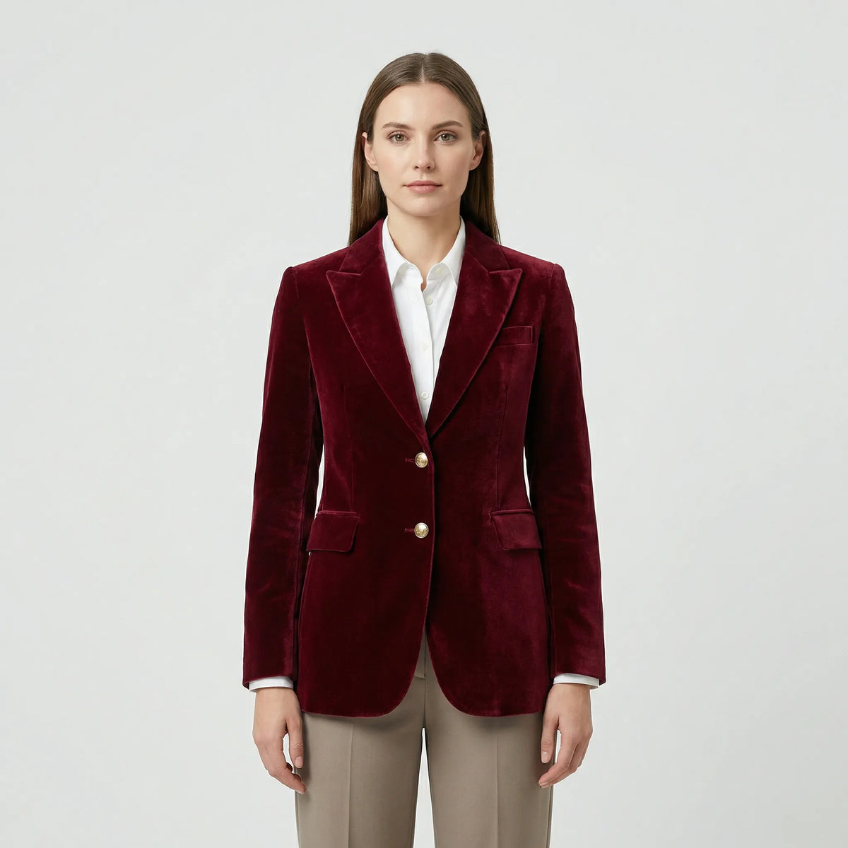 Tailored Velvet Blazer with Gold Buttons