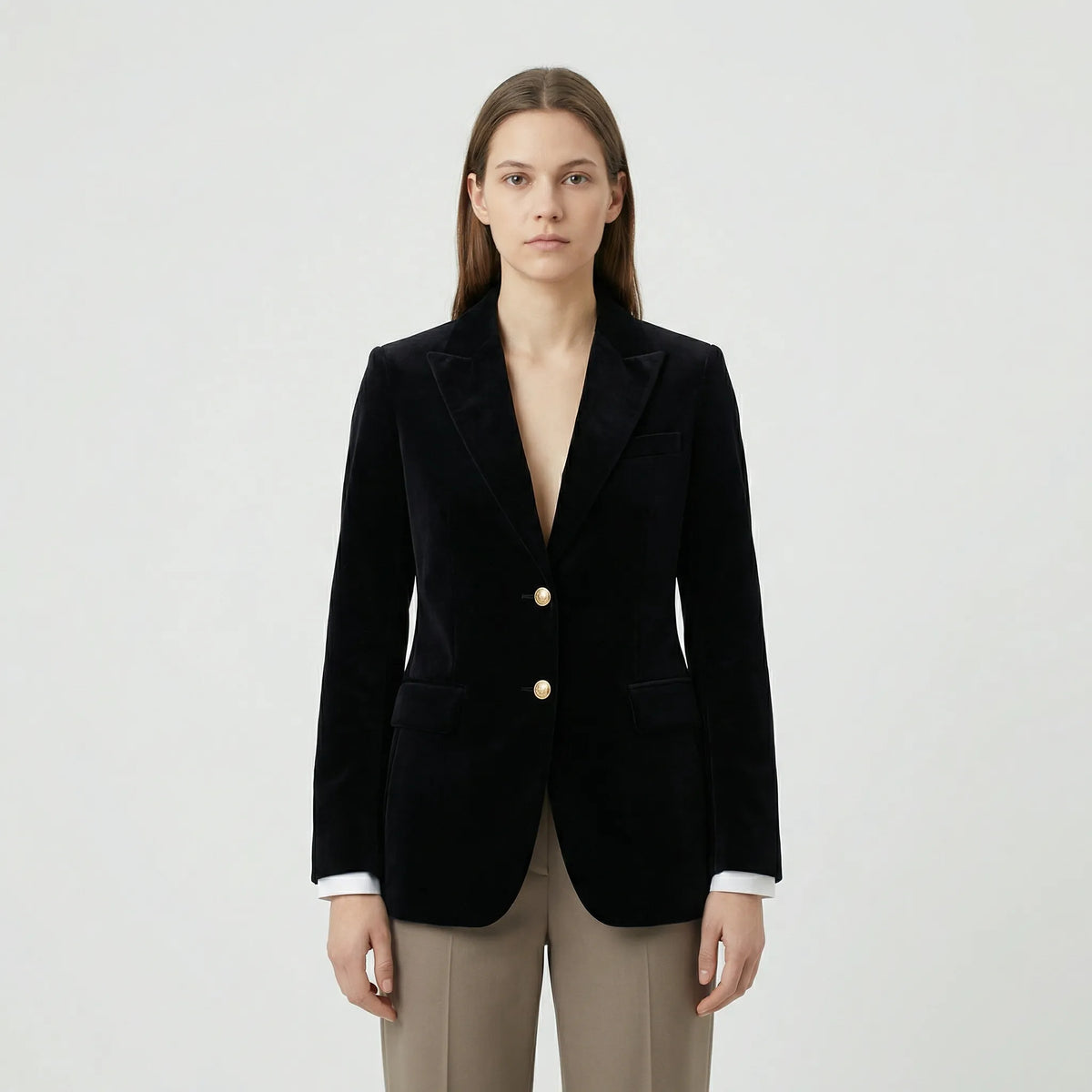 Tailored Velvet Blazer with Gold Buttons