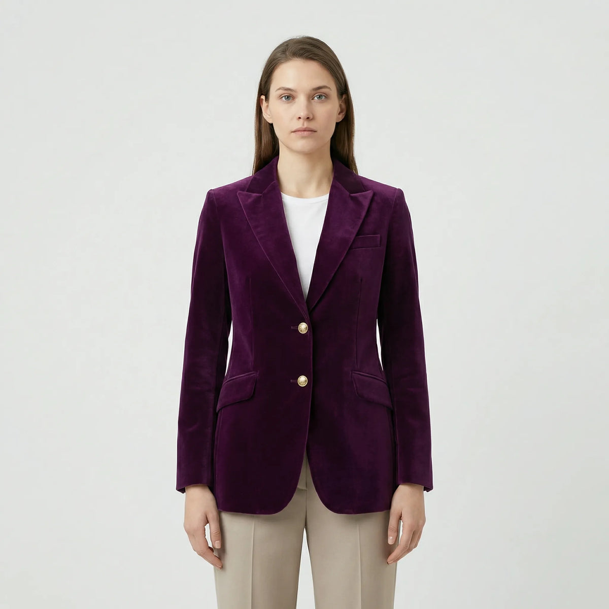 Tailored Velvet Blazer with Gold Buttons