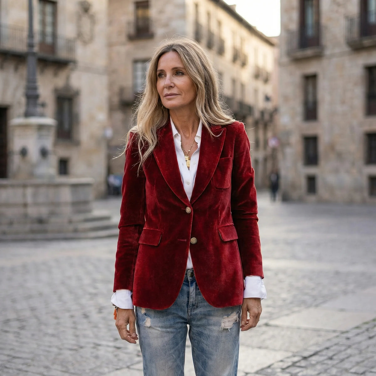 Tailored Velvet Blazer with Gold Buttons