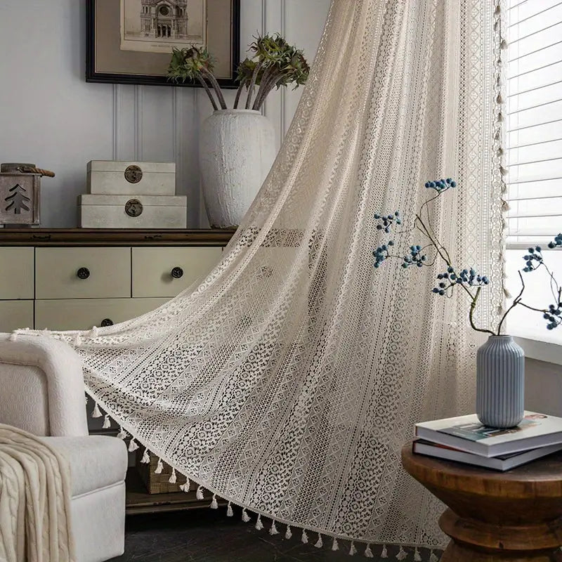 Tassel Crochet Curtain - Bohemian Semi-Sheer Window Curtain - Boho Farmhouse Style - Image 4