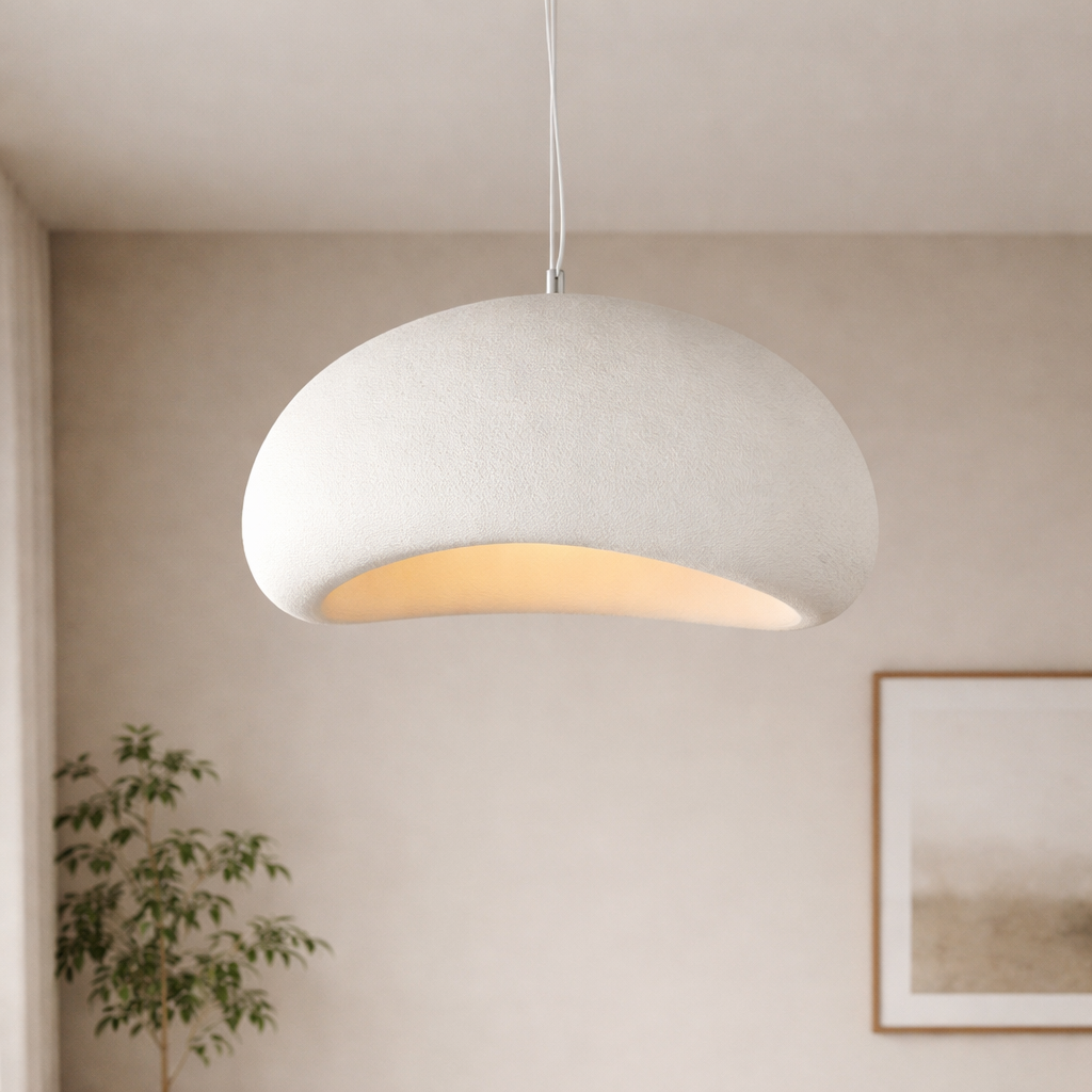 Textured Stone Pendant Light - Oval Japandi Style Hanging Lamp - Image 4