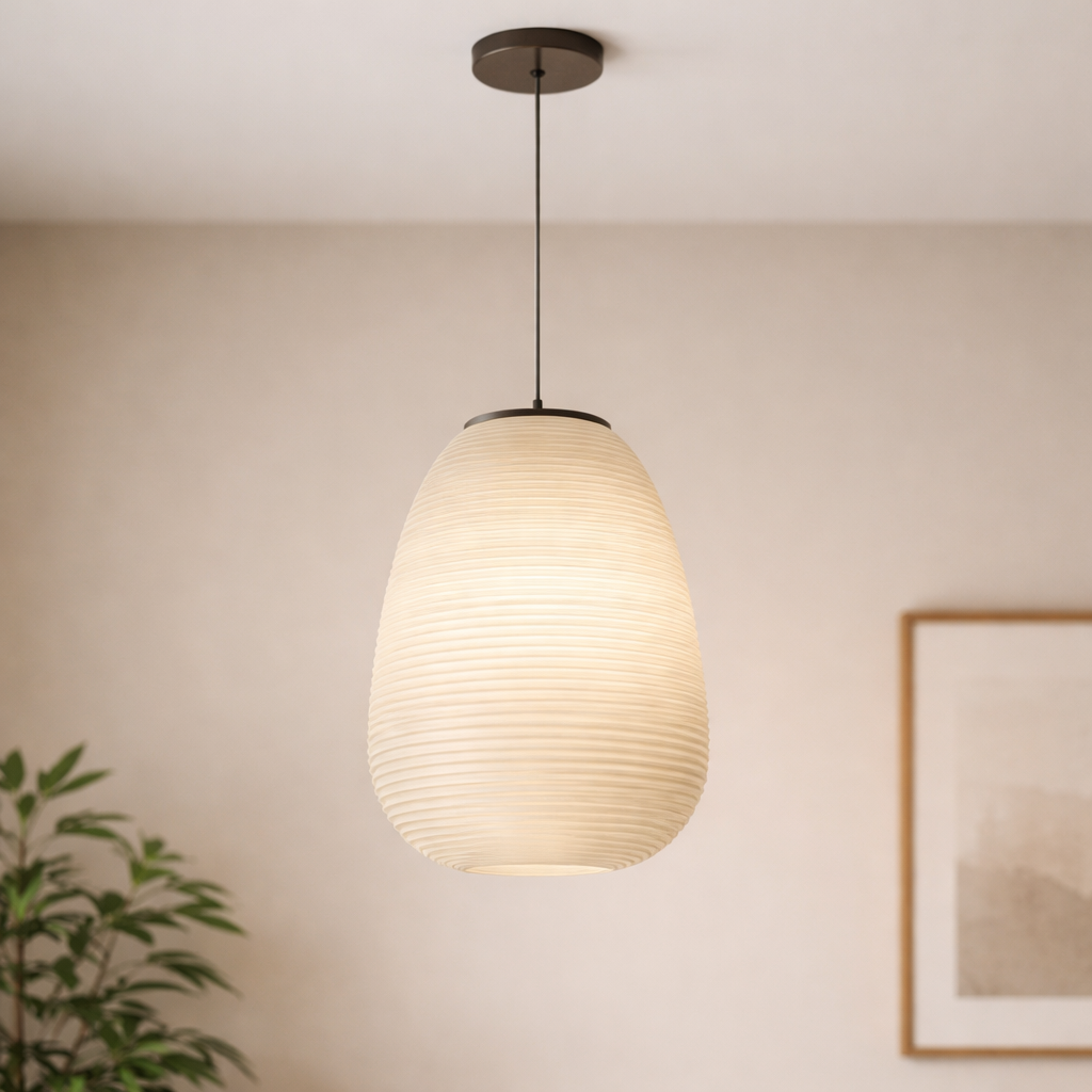 Textured Stripe Pendant Light - Modern Japandi Style - Paper Shade - Image 4