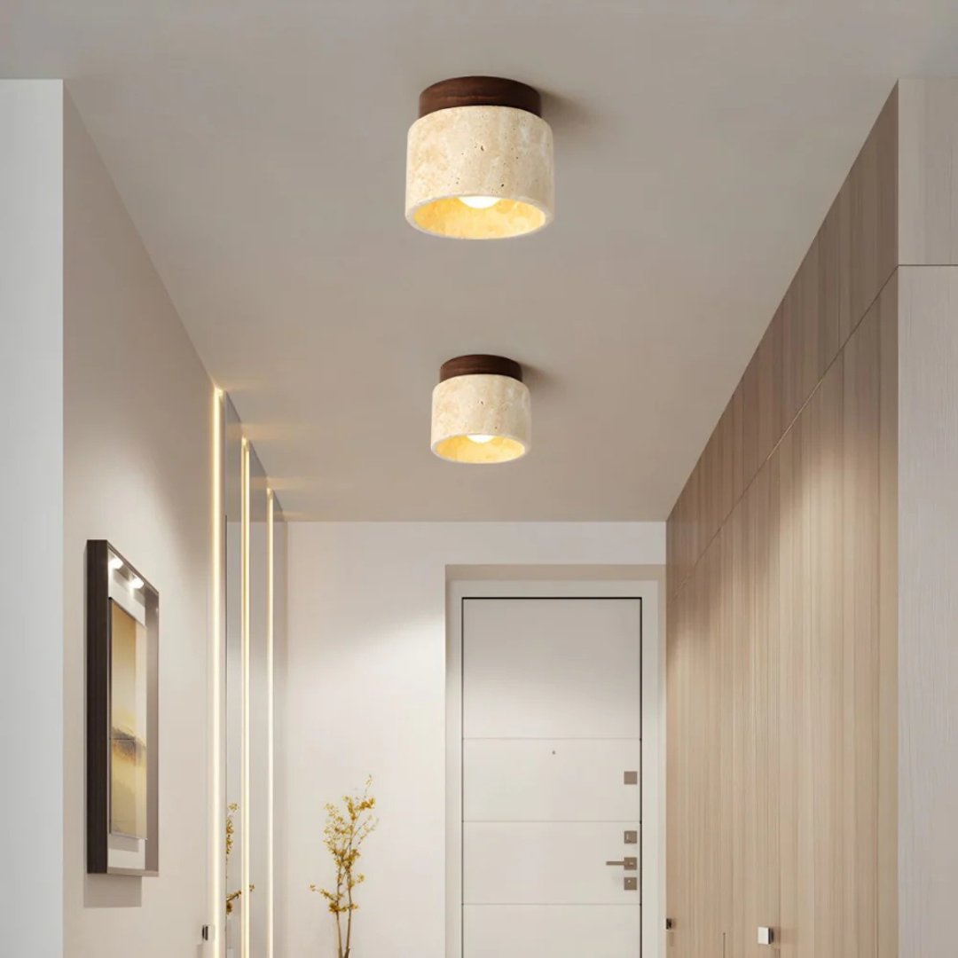 Travertine Ceiling Light Fixture - Wood Accent - Stylish Home Decor - Image 1