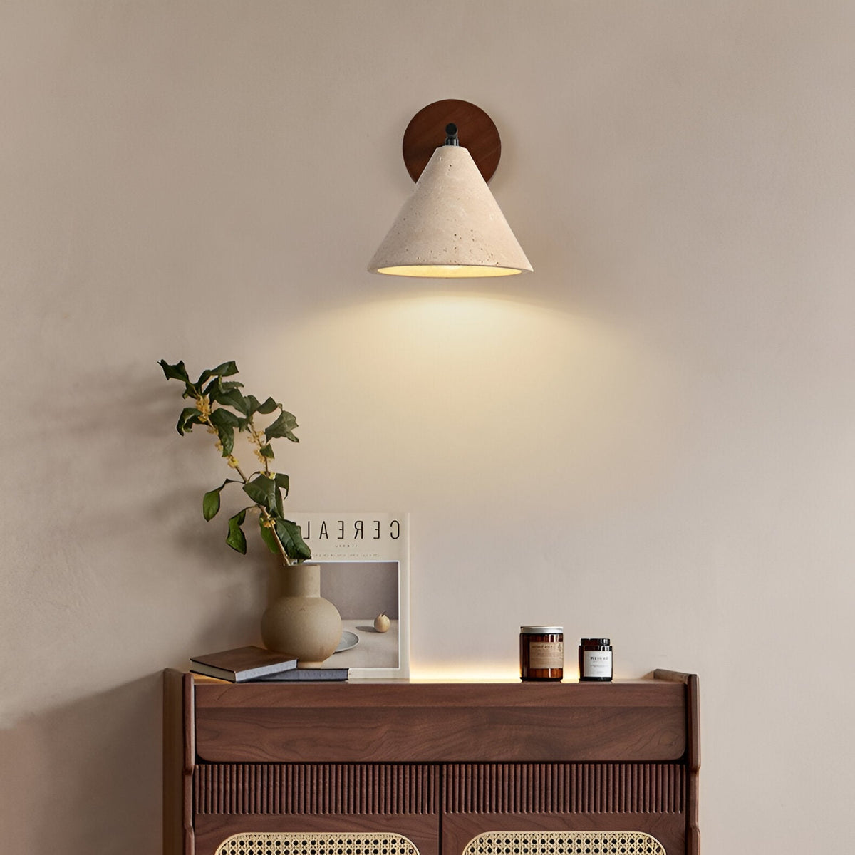 Travertine Cone Wall Sconce - Wood Accent - Modern LED Wall Lamp - Image 3
