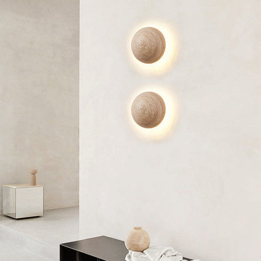 Travertine Stone Wall Sconce - Round LED Light - Modern Minimalist - Image 1