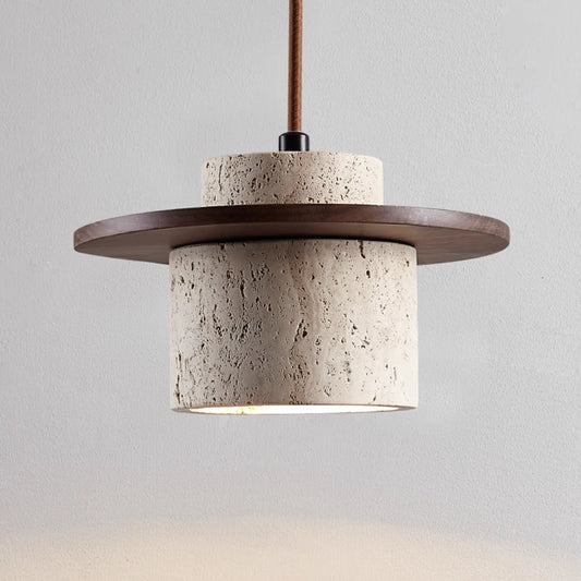 Travertine & Wood Pendant Light - Modern Dining Room Lamp - Image 1