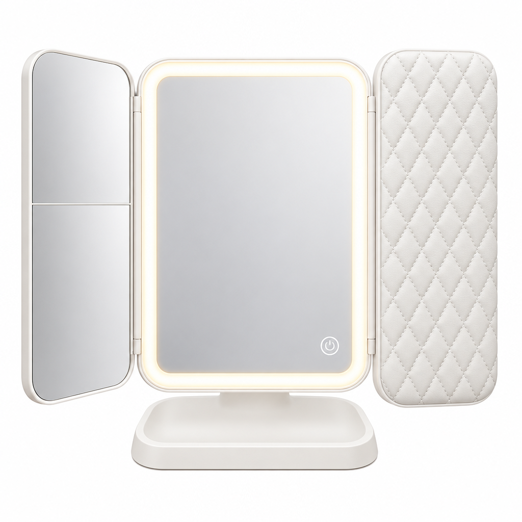 Tri-Fold LED Makeup Mirror with 3 Light Settings and 2x/3x Magnification