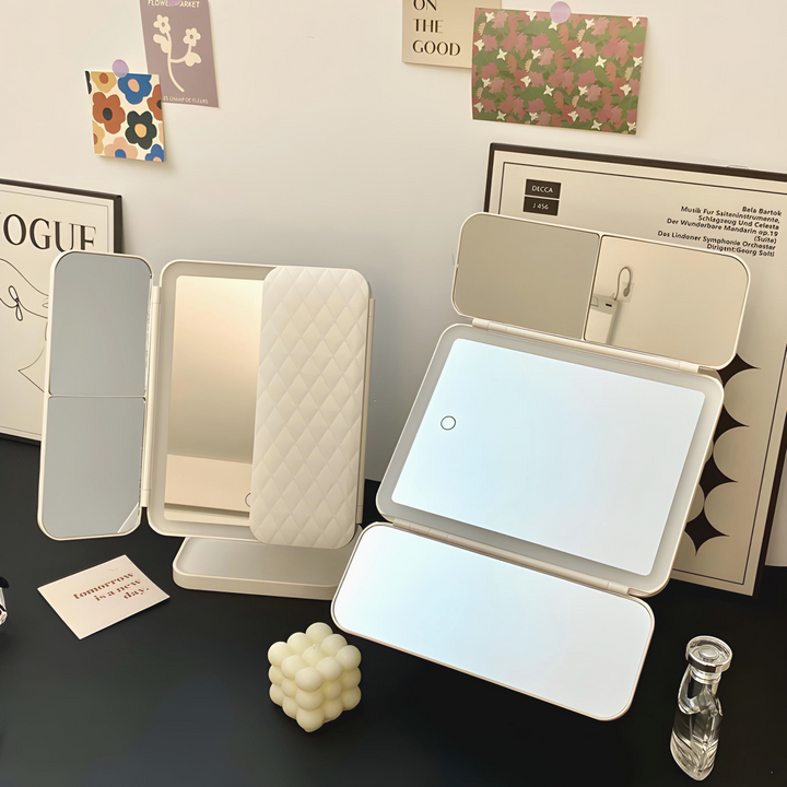 Tri-Fold LED Makeup Mirror with 3 Light Settings and 2x/3x Magnification