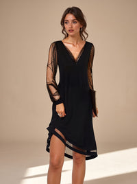 Women's Black Christmas Party Mini Dress with Sheer Sequin Long Sleeves