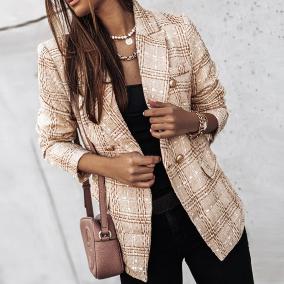 Women's Blazer – Classic Plaid, Lapel Collar & Long-Sleeve Button Design