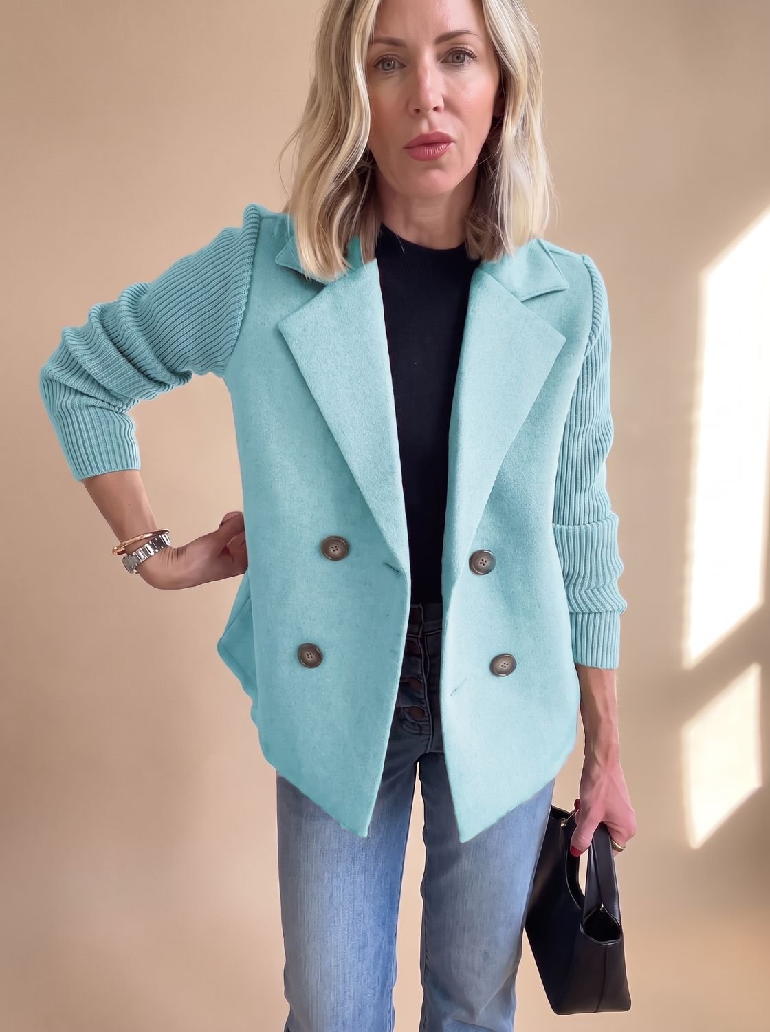 Women's Double-Breasted Fitted Blazer with Knit Sleeves