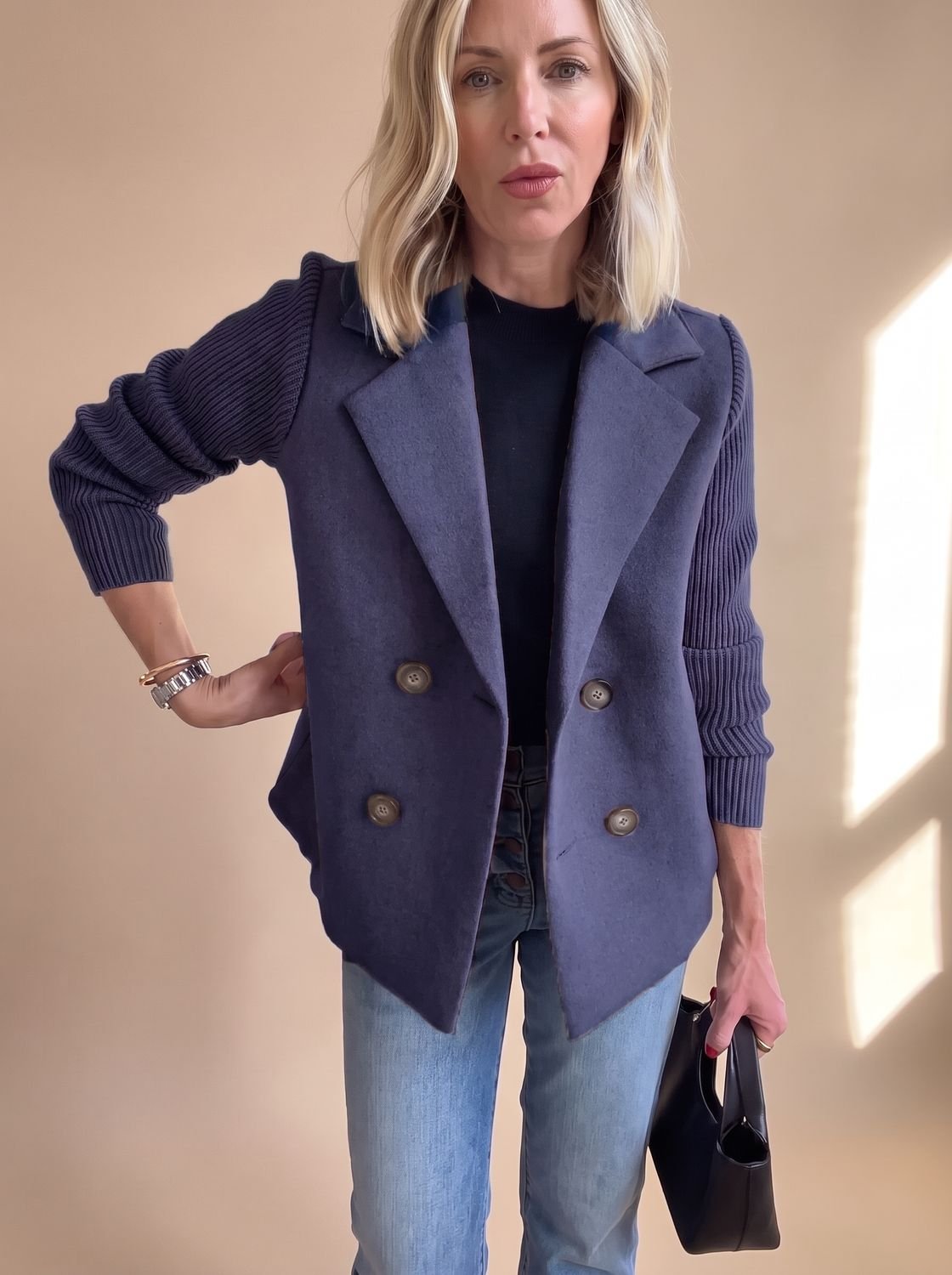 Women's Double-Breasted Fitted Blazer with Knit Sleeves