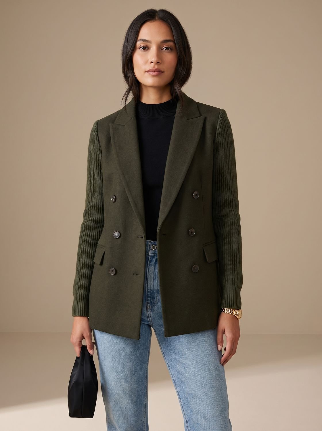 Women's Double-Breasted Fitted Blazer with Knit Sleeves