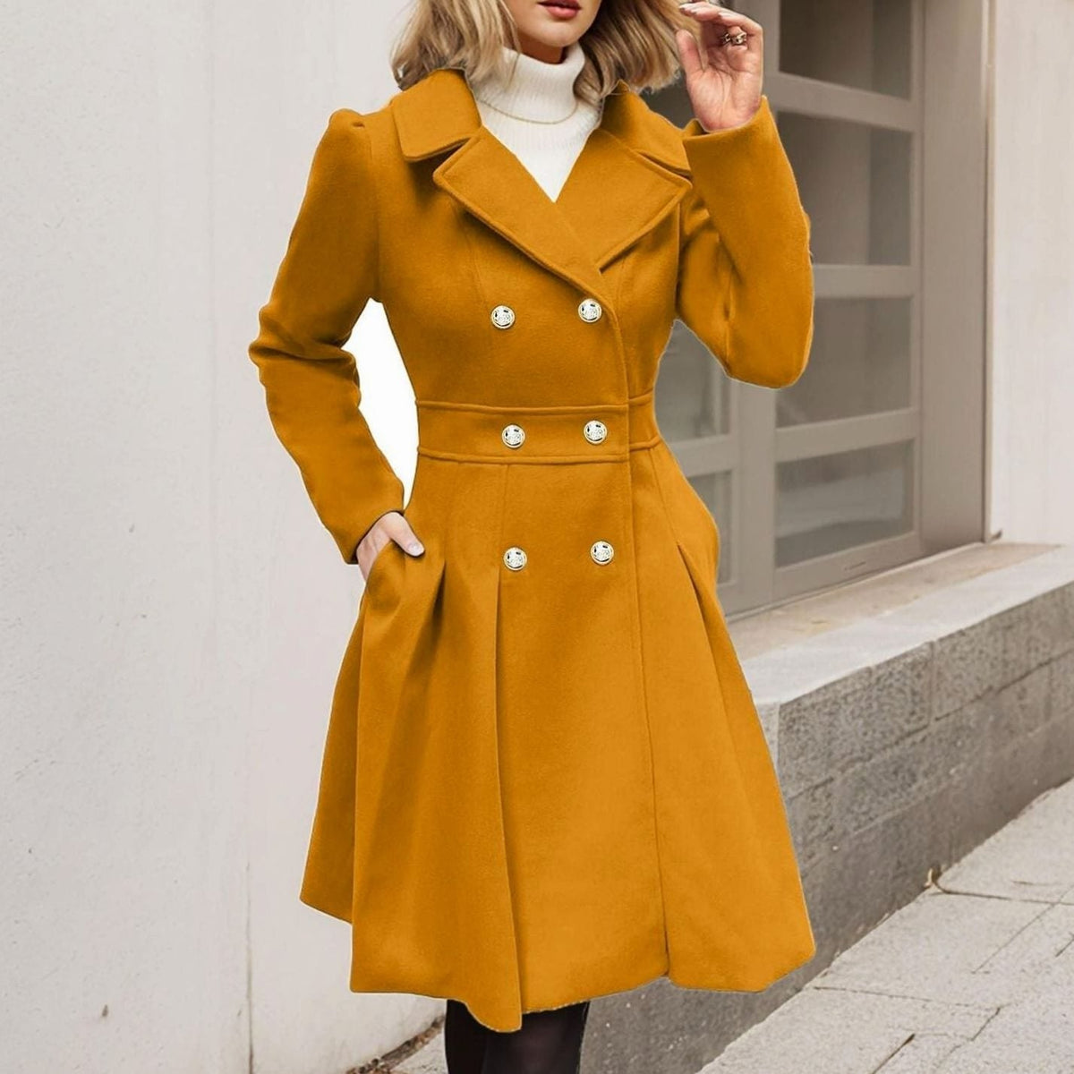 Women's Double-Breasted Flared Longline Wool-Blend Coat