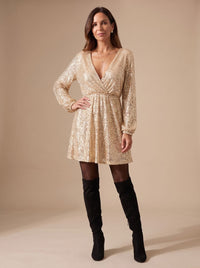 Women's Gold Sequin Long-Sleeve Wrap Mini Christmas Party Dress
