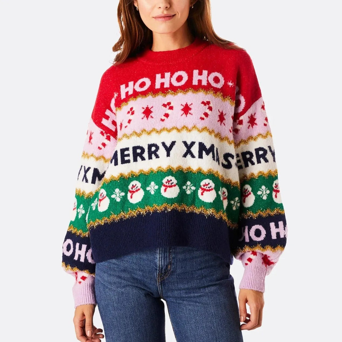 Women's Knit Christmas Sweater – Colourful Jumper with Ho, Merry Christmas and Snowflake Pattern