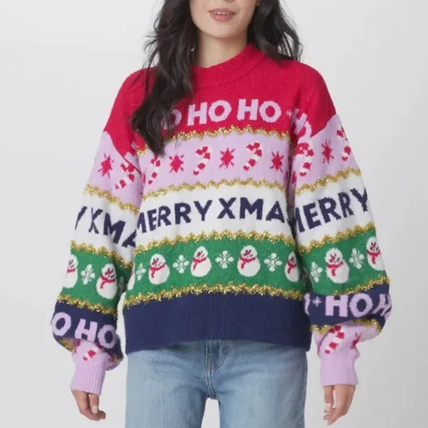 Women's Knit Christmas Sweater – Colourful Jumper with Ho, Merry Christmas and Snowflake Pattern