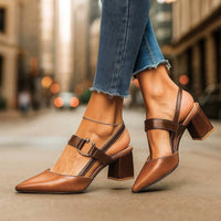 Women's Pointed-Toe Block-Heel Slingback Pumps with Buckle Strap