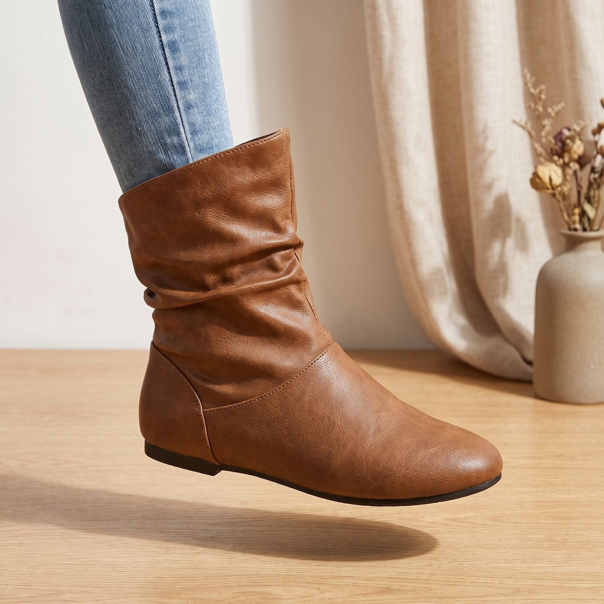 Women's Slouchy Flat Pull-On Ankle Boots with Round Toe