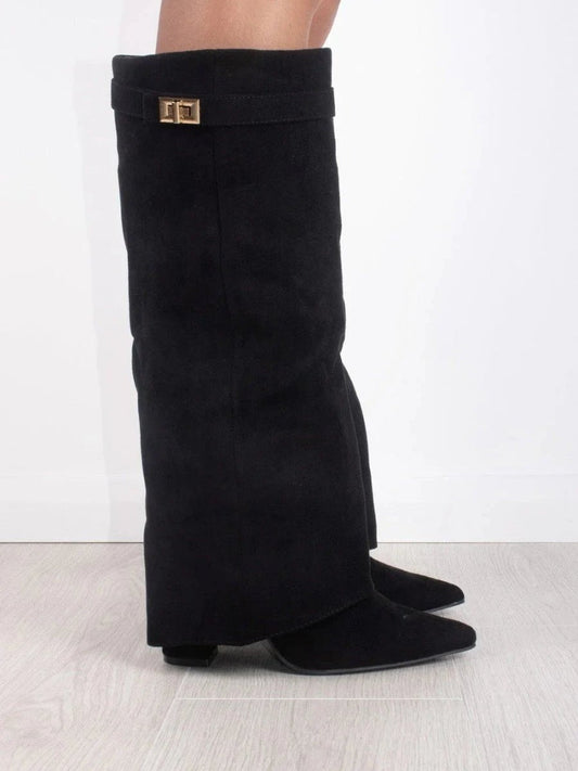 Women's Suede Fold-Over Knee-High Boots with Gold Clasp