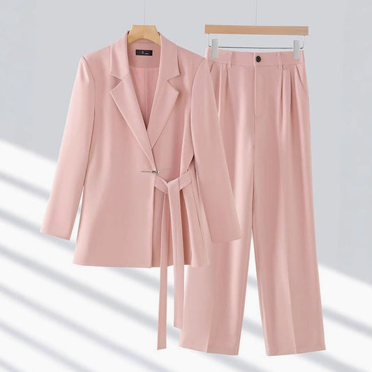 Women's Tailored Belted Blazer and Wide-Leg Pants Suit Set