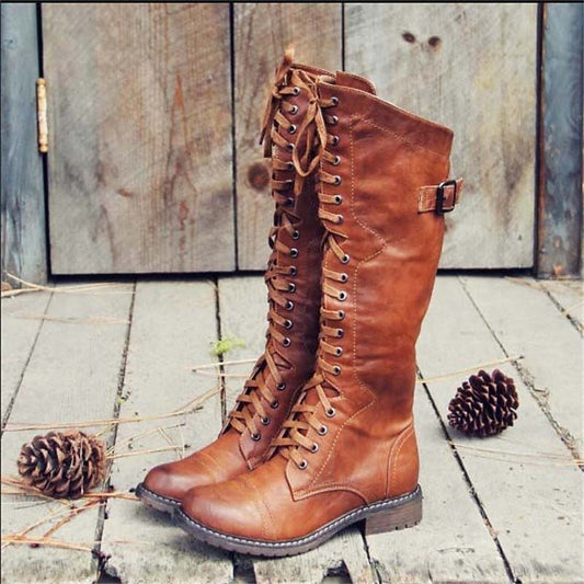 Women's Tall Lace-Up Riding Boots - Elegant Leather Boots with Heel & Zipper