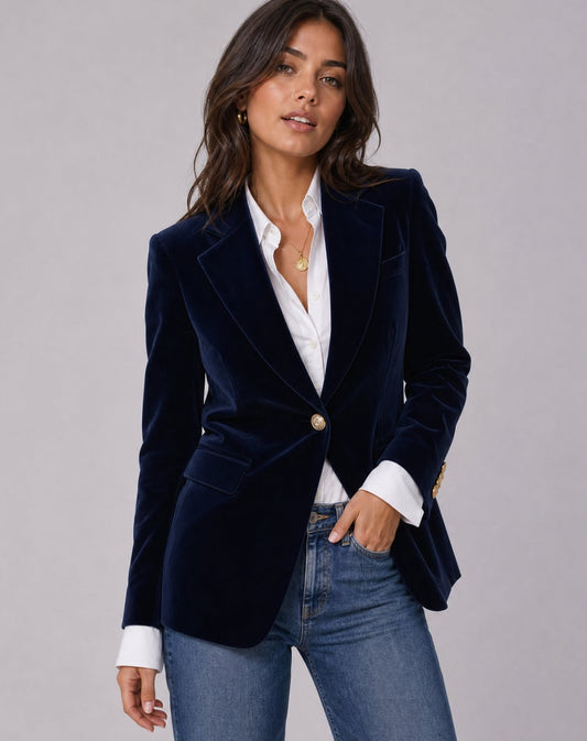Women's Velvet Gold-Button Structured Slim-Fit Blazer