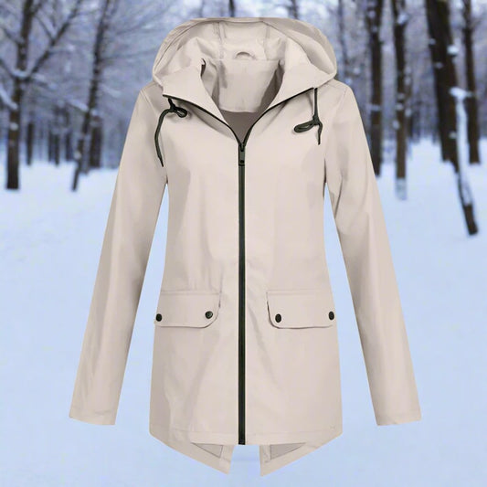 Women's Waterproof Hooded Rain Jacket with Zip Closure, Adjustable Cuffs, and Pockets