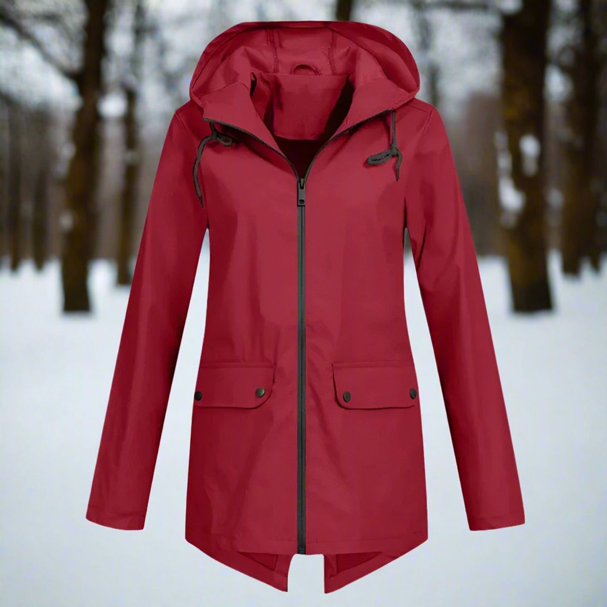 Women's Waterproof Hooded Rain Jacket with Zip Closure, Adjustable Cuffs, and Pockets