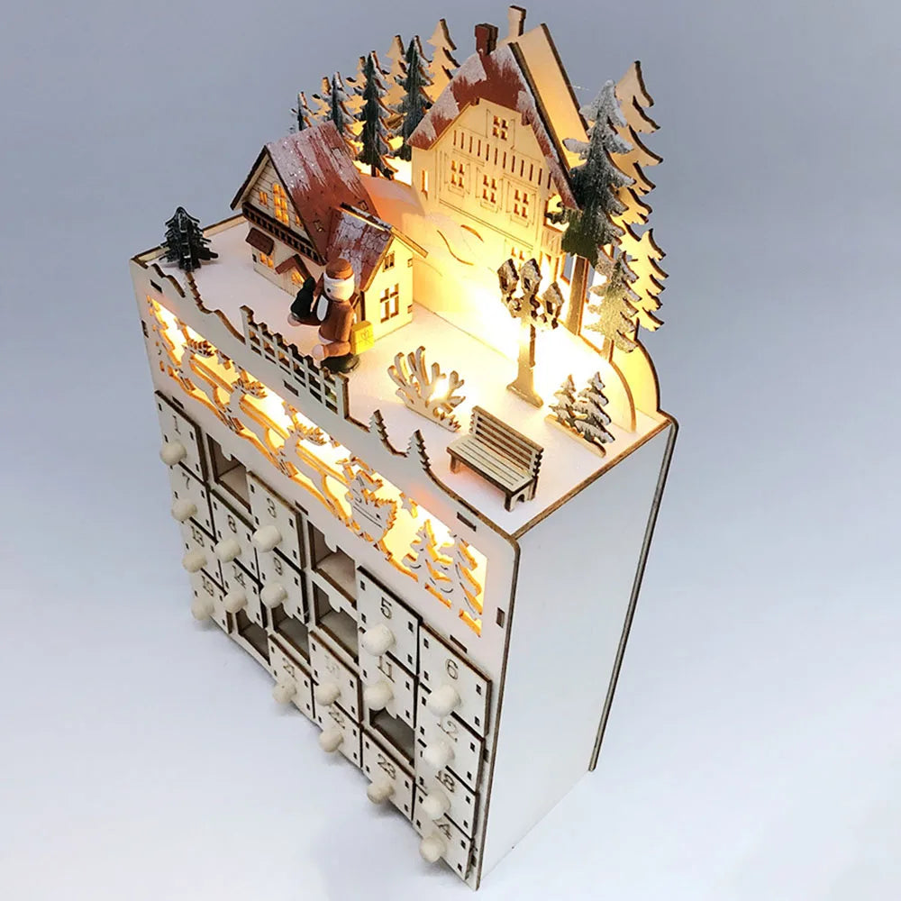 Wooden Advent Calendar – 24 Compartments with Warm LED Light and Christmas Ambiance