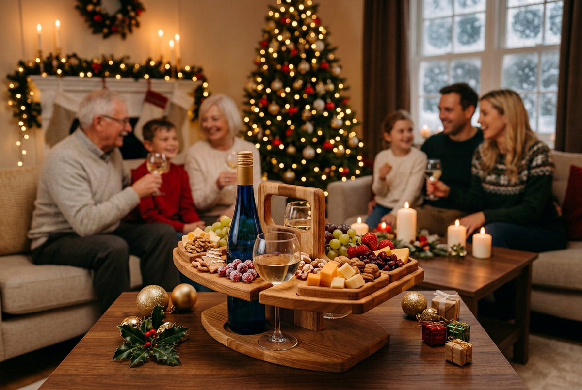 Wooden Christmas Serving Board with Wine and Snack Holders