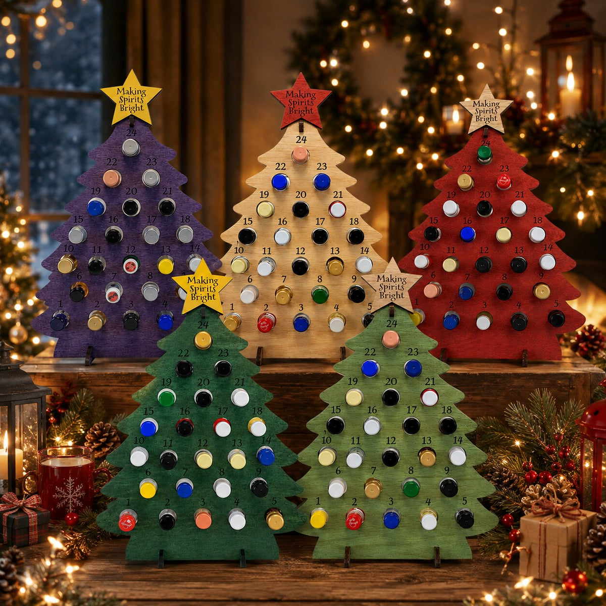 Wooden Christmas Tree Bottle Advent Calendar with 24 Compartments