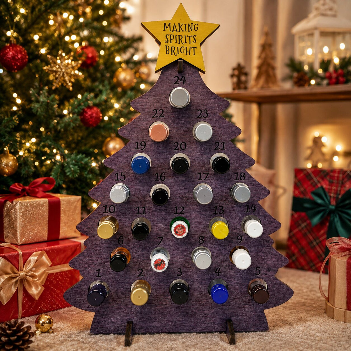 Wooden Christmas Tree Bottle Advent Calendar with 24 Compartments