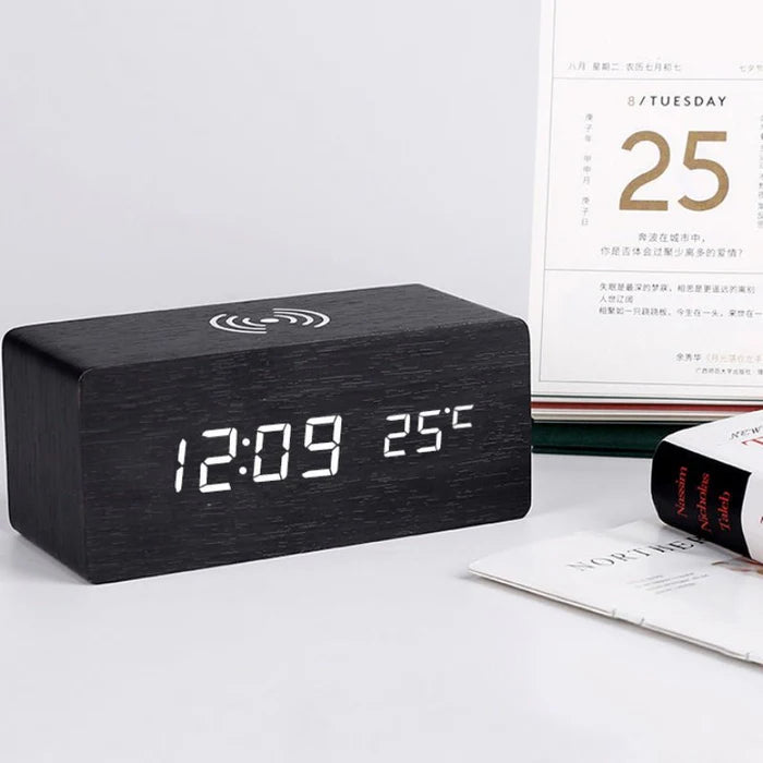 Wooden Digital Alarm Clock - with Wireless Charging - LED Display - Modern Style - Image 1