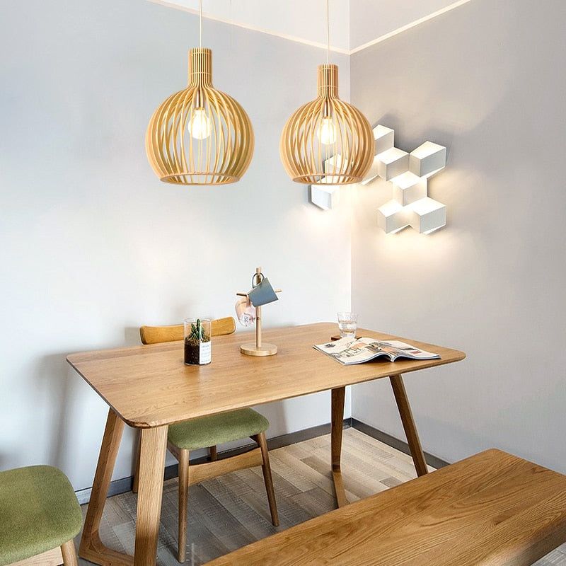 Wooden Pendant Light - Stylish Cage Shade - Japandi Style Lighting - Image 1